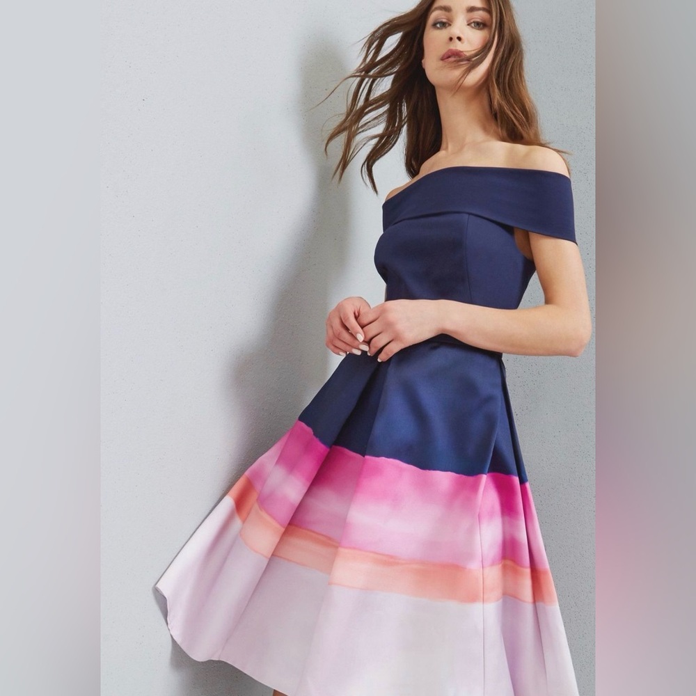 Ted Baker Hollii Dress off-the-shoulder stripe jacquard. NWOT‎ size 4 US